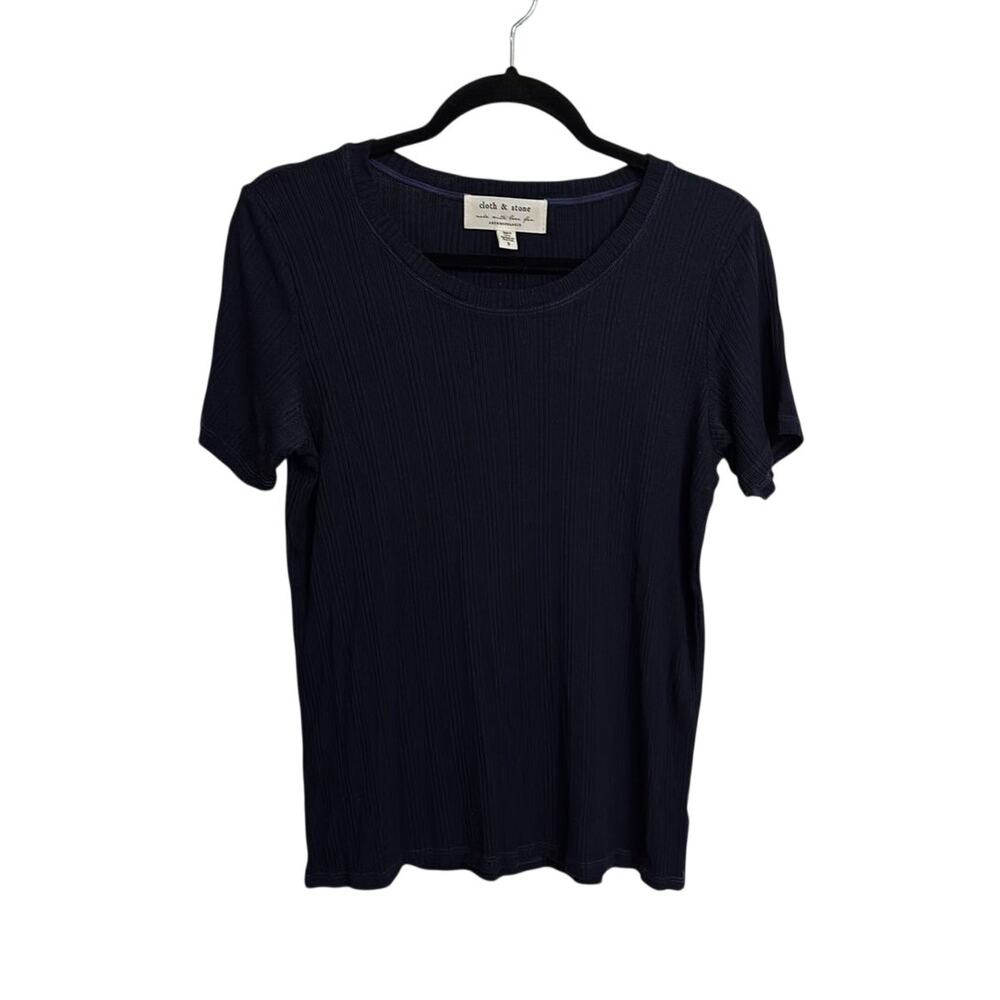 Anthropologie T-Shirt Womens Small Navy Blue Ribbed Short Sleeve Cloth & Stone